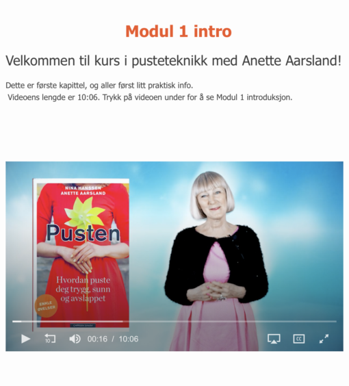 Kurs i pusteteknikk med Anette Aarsland, skjermbilde fra video, modul 1 intro